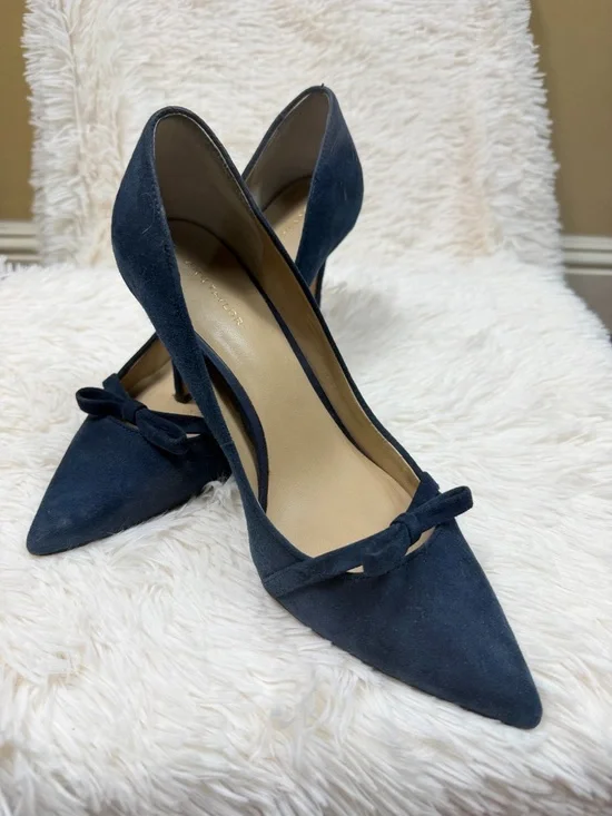 Ann Taylor Navy Suede Pointed-Toe Bow Pumps - Picture 3 of 5